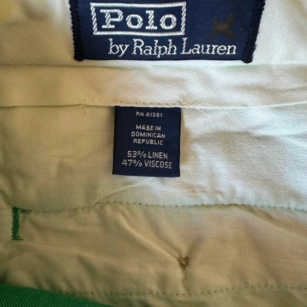 Polo Ralph Lauren Mens Green Linen Viscose Blend Flat Front Shorts Size 34